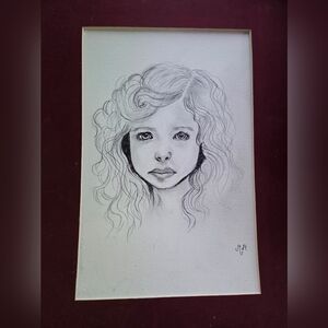 Graphite Pencill Portrait of Young Girl in Burgundy Mat Original Signed By Artis